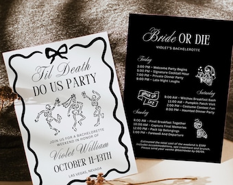 Til death Do Us Party Bachelorette Invitation & Itinerary Template,Editable Bride or Die Bachelorette Invite Schedule,Digital Download,Canva