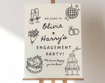 Engagement Party Welcome Sign Template, We're Engaged Signage Editable, Whimsical Hand Drawn Engagement Party Decoration, Digital Download