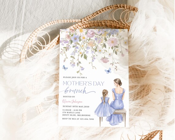 Mother's Day Brunch Invitation Template,Watercolor Wild Flower Invite, Editable Dusty Blue Garden Party, Mom & Daugther, Digital Download