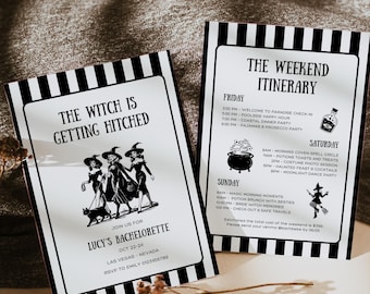 Witch Bachelorette Invitation, Gothic Vintage Halloween Weekend Itinerary,  Lets Go Witches, Spooky Bridal Shower, Digital Download, Canva