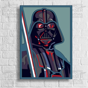 May include: A digital art print of Darth Vader from Star Wars. The image is in a pop art style with bold colors and lines. The background is a light blue color.