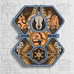 May include: A blue and brown hexagonal shaped Star Wars themed wall art with images of the Death Star, R2-D2, BB-8, a TIE fighter, and the Rebel Alliance symbol. The text "STAR WARS" is written in white letters on a brown background.