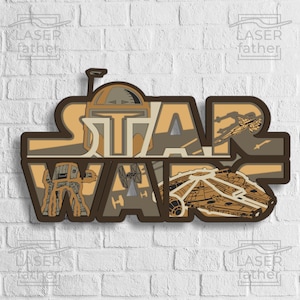 May include: A brown wooden cutout of the Star Wars logo with various characters and spaceships from the franchise. The characters and spaceships are in a light brown color.