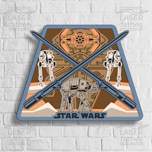 May include: A blue triangular shaped wooden sign with a brown background. The sign features a Star Wars theme with a TIE fighter, AT-AT, and two AT-STs. The text "STAR WARS" is printed in white at the bottom of the sign.