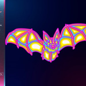 Peut inclure: Un design de chauve-souris multicouche et multicolore avec des accents jaunes, roses et bleus. La chauve-souris est en position de vol, les ailes déployées. Ce design est adapté à la découpe laser.