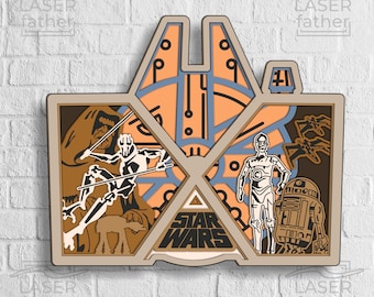 May include: A multi-layered wooden wall art featuring characters from Star Wars. The art includes a brown and tan background with a tan and blue spaceship in the center. The characters include a white figure with a lightsaber, a gold robot, and a smaller round robot. The text "Star Wars" is in the center of the art.