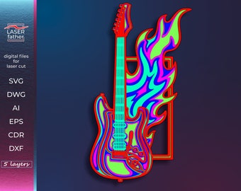 3D Electro Guitar Multilayered SVG File, Digital Download files png ai cdr dxf dwg eps, Guitar SVG, 5 layers Laser Cut File