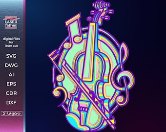 3D Violin Multilayered SVG Mandala Laser Cut File, Instant Download files png ai cdr dxf dwg eps, Music Instruments SVG