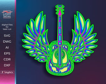 3D Guitar Layered SVG Laser Cut File, Instant Download files png ai cdr dxf dwg eps, Guitar SVG, Decor for Music Room