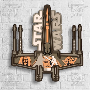 Peut inclure: Une décoration murale en bois brun sur le thème de Star Wars avec les mots "STAR WARS" en lettres blanches et beiges. La décoration murale représente la silhouette d'un vaisseau spatial avec des personnages de la franchise Star Wars, dont Dark Vador, Luke Skywalker, Yoda et Obi-Wan Kenobi.