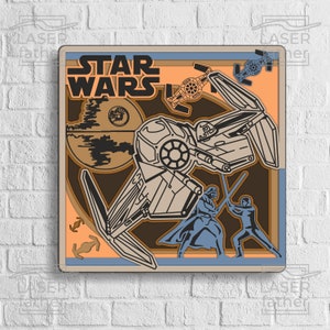 May include: A vintage-style illustration of Star Wars characters and spaceships. The image features Darth Vader and Luke Skywalker fighting with lightsabers, a TIE fighter, and the Death Star. The text "STAR WARS" is displayed in bold, black letters.