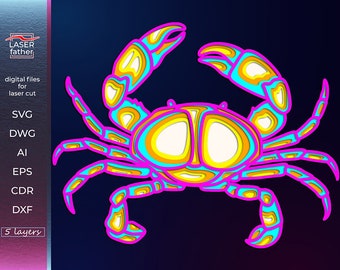 3D Multilayer Crab SVG File, Digital Download files png ai cdr dxf dwg eps, Crab Art, 5 layers Laser Cut File, Craft Gift