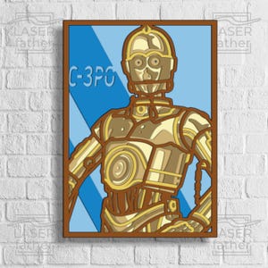 以下が含まれることがあります： スターウォーズの金色のロボットキャラクター、C-3POのヴィンテージスタイルのイラスト。イラストは青と金のカラーリングで、幾何学的なデザインが特徴です。