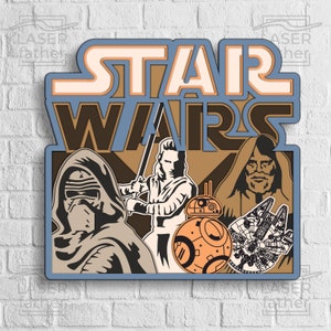 May include: A blue and brown illustration of the Star Wars characters, including Luke Skywalker, Rey, Kylo Ren, and R2-D2. The text "Stair Wars" is in a retro font.