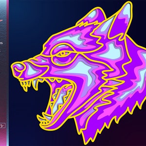 Könnte beinhalten: Ein mehrschichtiges Papierbastel-Design eines Wolfskopfes mit einem leuchtenden Farbkonzept in Lila, Rosa und Blau. Der Wolf hat den Mund offen und seine Augen sind sichtbar. Das Design ist in Gelb umrandet.