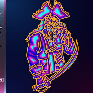 May include: A multi-layered digital artwork of a pirate, rendered in shades of blue, purple, and yellow. The pirate is shown with a hat, beard, and a cutlass. The image includes text indicating it's for laser cut files, with formats like SVG, DWG, and DXF.