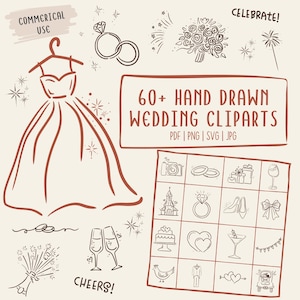 Clipart de boda dibujado a mano / Más de 60 ilustraciones para invitaciones / Uso comercial PDF SVG