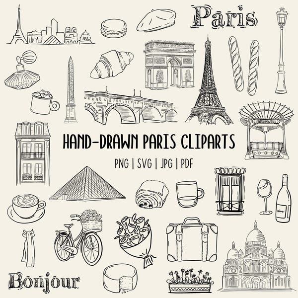 Hand-Drawn Paris Clipart Set | Eiffel Tower, Croissant, French Icons | PNG SVG PDF | Commerical Use