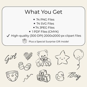 Minimal hand-drawn baby doodle clipart set featuring cute baby elements like bottles, pacifiers, onesies, toys, clouds, and stars. Perfect for baby shower invitations, gender reveal designs, nursery wall art, and printable projects.