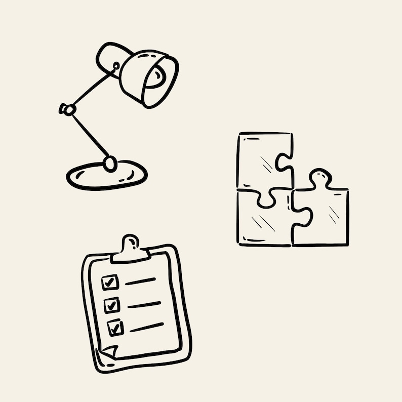 Hand-drawn business clipart set featuring laptop, charts, money icons, calendar, globe, light bulb, briefcase, and more office doodles.