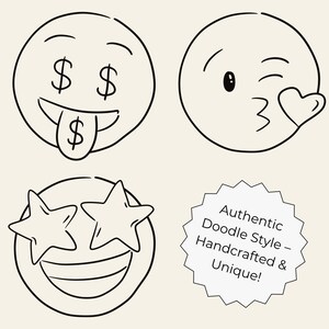 Hand-drawn doodle emoji clipart set featuring 55 cute and expressive faces in PNG, SVG, JPG, and PDF formats. Perfect for stickers, planners, journals, scrapbooking, and Cricut crafts.