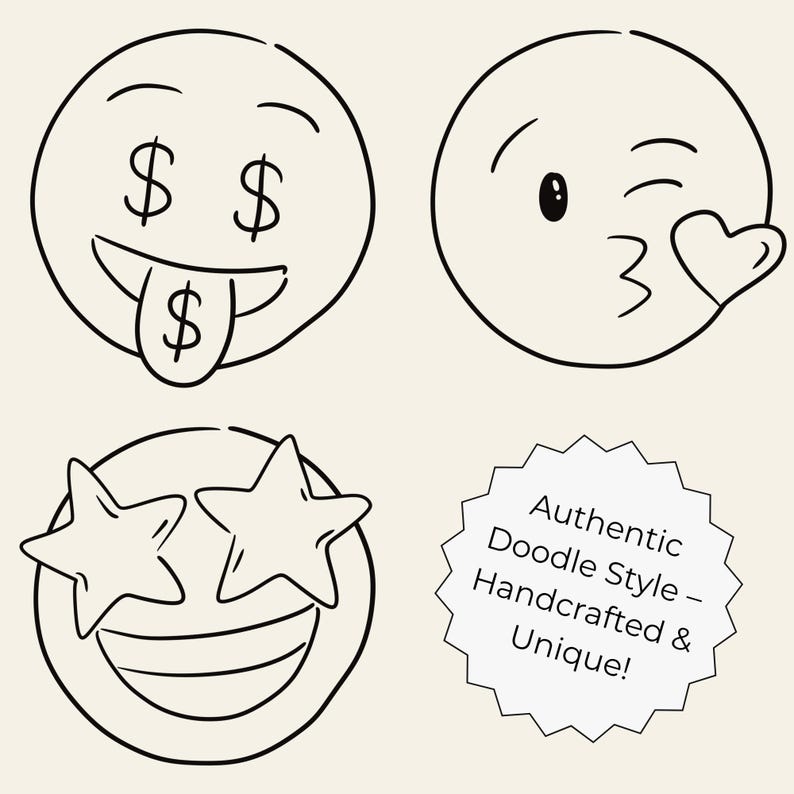 Hand-drawn doodle emoji clipart set featuring 55 cute and expressive faces in PNG, SVG, JPG, and PDF formats. Perfect for stickers, planners, journals, scrapbooking, and Cricut crafts.