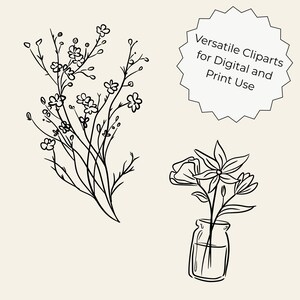 Transparent background set of 50 hand-drawn floral cliparts, featuring botanical line art flowers, leaves, stems, wildflowers, and bouquets.