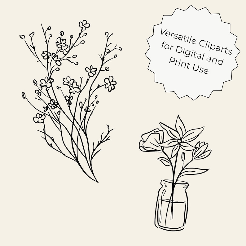 Transparent background set of 50 hand-drawn floral cliparts, featuring botanical line art flowers, leaves, stems, wildflowers, and bouquets.