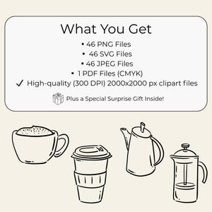 Hand-drawn coffee clipart set with line art coffee cups, espresso tools, moka pot, grinder, coffee beans and cafe elements, doodle illustrations.