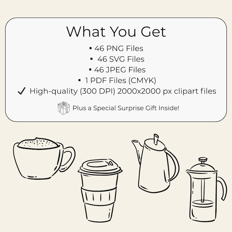 Hand-drawn coffee clipart set with line art coffee cups, espresso tools, moka pot, grinder, coffee beans and cafe elements, doodle illustrations.