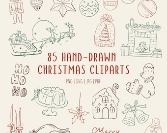 Icônes clipart de Noël dessinées à la main : 80 gribouillis de fêtes (PNG, SVG, PDF Usage commercial)