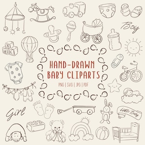Minimal hand-drawn baby doodle clipart set featuring cute baby elements like bottles, pacifiers, onesies, toys, clouds, and stars. Perfect for baby shower invitations, gender reveal designs, nursery wall art, and printable projects.