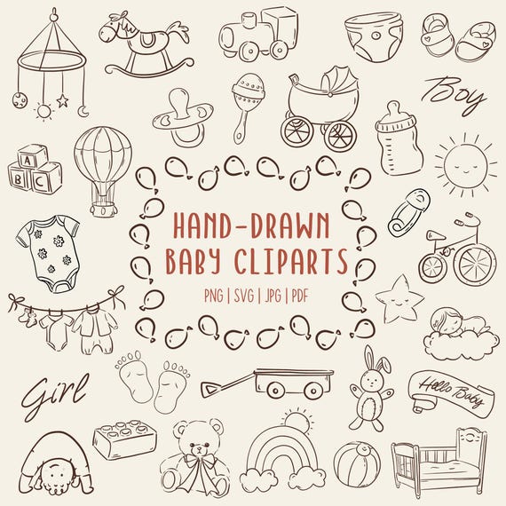 Hand-Drawn Baby Clipart Icons: 70+ Baby Shower Doodles (SVG, PNG, PDF Commercial Use )