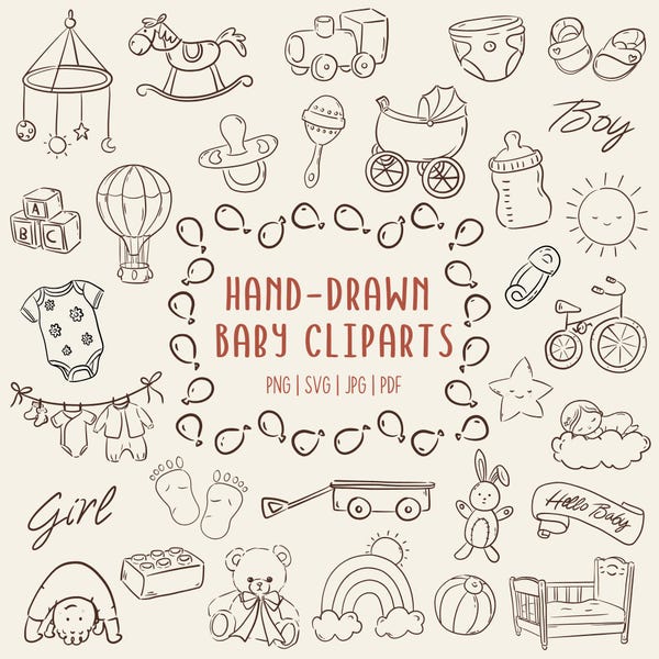 Hand-Drawn Baby Clipart Icons: 70+ Baby Shower Doodles (SVG, PNG, PDF Commercial Use )