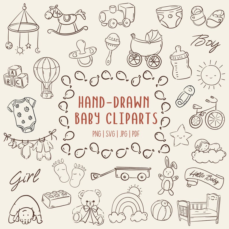 Minimal hand-drawn baby doodle clipart set featuring cute baby elements like bottles, pacifiers, onesies, toys, clouds, and stars. Perfect for baby shower invitations, gender reveal designs, nursery wall art, and printable projects.