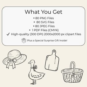Hand-drawn cottagecore clipart set featuring vintage floral elements, cottage house, dress, basket, teapot, sun hat, jam jar, candles, gardening tools, bicycle, cozy home items, and cute animals in black line art style.