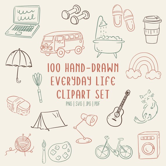 Hand-Drawn Doodle Cliparts | 100 Everyday Life Icons | Commerical Use (SVG PNG PDF)