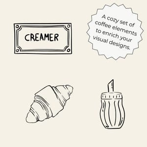 Hand-drawn coffee clipart set with line art coffee cups, espresso tools, moka pot, grinder, coffee beans and cafe elements, doodle illustrations.
