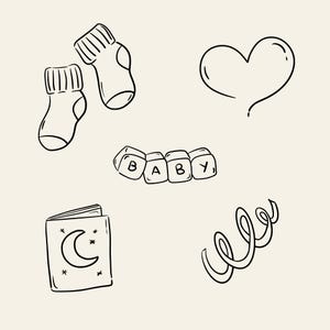 Minimal hand-drawn baby doodle clipart set featuring cute baby elements like bottles, pacifiers, onesies, toys, clouds, and stars. Perfect for baby shower invitations, gender reveal designs, nursery wall art, and printable projects.