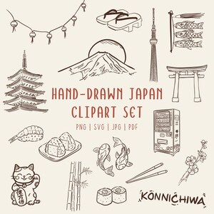 Conjunto de imágenes prediseñadas japonesas dibujadas a mano / Arte lineal japonés minimalista / PNG SVG para uso comercial