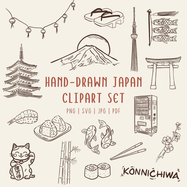 Hand Drawn Japan Clipart Set | Minimal Japanese Line Art | PNG SVG Commerical Use