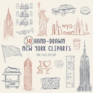 Hand-Drawn New York Clipart Set | NYC Landmarks Illustrations | PNG SVG | Commerical Use