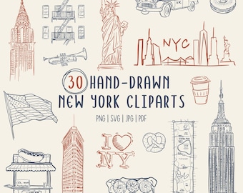 Hand-Drawn New York Clipart Set | NYC Landmarks Illustrations | PNG SVG | Commerical Use