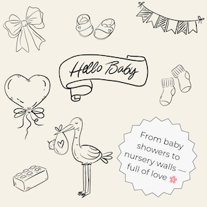 Minimal hand-drawn baby doodle clipart set featuring cute baby elements like bottles, pacifiers, onesies, toys, clouds, and stars. Perfect for baby shower invitations, gender reveal designs, nursery wall art, and printable projects.