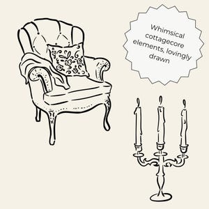 Hand-drawn cottagecore clipart set featuring vintage floral elements, cottage house, dress, basket, teapot, sun hat, jam jar, candles, gardening tools, bicycle, cozy home items, and cute animals in black line art style.
