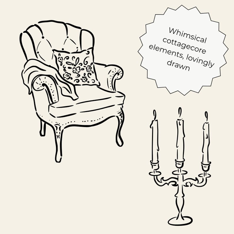 Hand-drawn cottagecore clipart set featuring vintage floral elements, cottage house, dress, basket, teapot, sun hat, jam jar, candles, gardening tools, bicycle, cozy home items, and cute animals in black line art style.