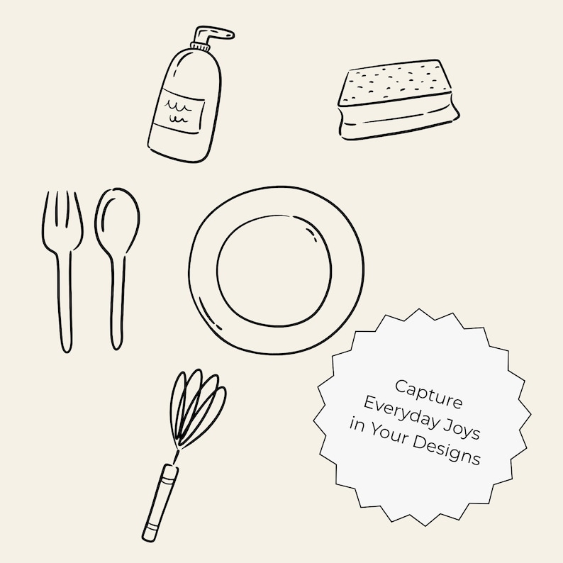 100 hand-drawn everyday life cliparts featuring cute doodle-style illustrations of daily objects like coffee, books, travel, food, plants, and cozy home items. Perfect for planners, stickers, and digital projects.