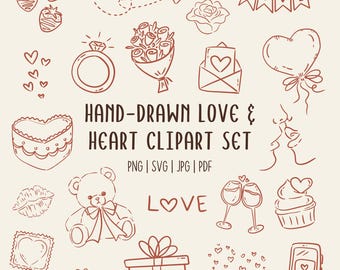 Hand-Drawn Love & Heart Doodle Clipart Set | Romantic Illustrations for Cards, Stickers, Valentine Projects