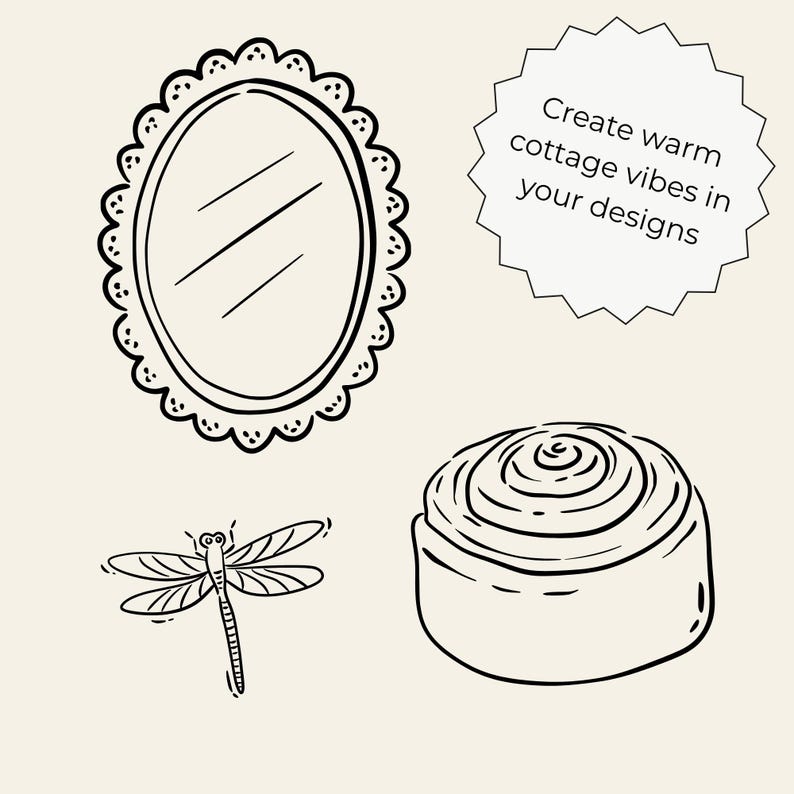 Hand-drawn cottagecore clipart set featuring vintage floral elements, cottage house, dress, basket, teapot, sun hat, jam jar, candles, gardening tools, bicycle, cozy home items, and cute animals in black line art style.