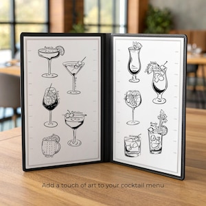 Hand-drawn cocktail clipart set featuring 15 classic drinks with detailed line art and handwritten names, perfect for bar menus, invitations, and wall art.